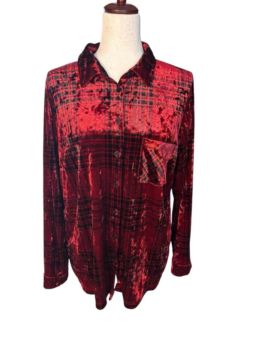 Belle By Kim Gravel Print Velvet Big Shirt Womens Plus Size M Red Plaid Pockets